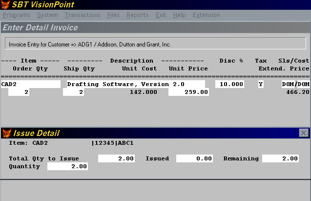 Invoice Entry Screen